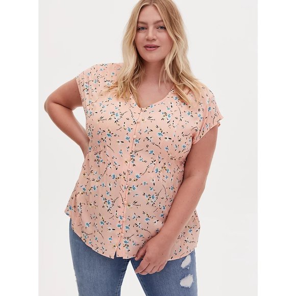 torrid Tops - Torrid Peach Floral Challis Button Fit & Flare Blouse